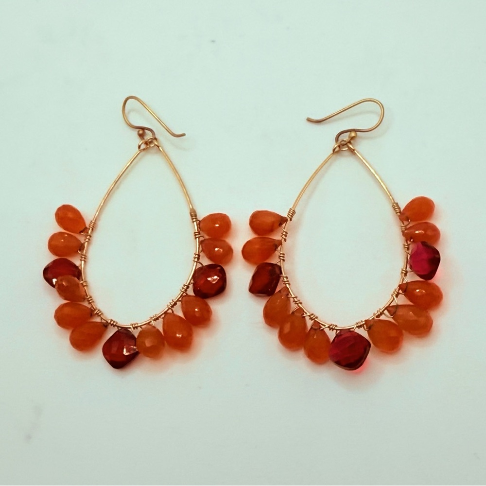 Wendy Mink Large Carnelian & Ruby Cut  Stone Cluster Dangling Gold Hoop Earrings